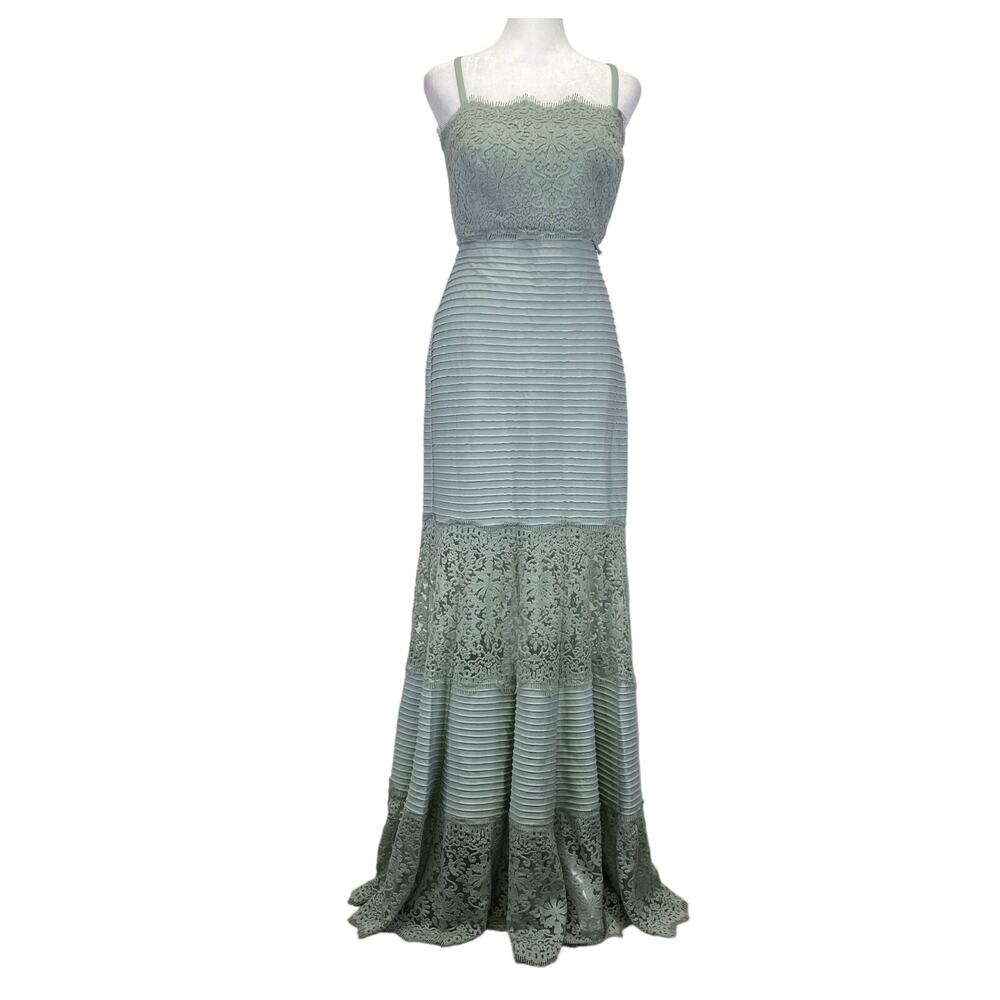 Tadashi Shoji Pintuck Strapless Lace Evening Gown Womens XS Sage Bridesmaid